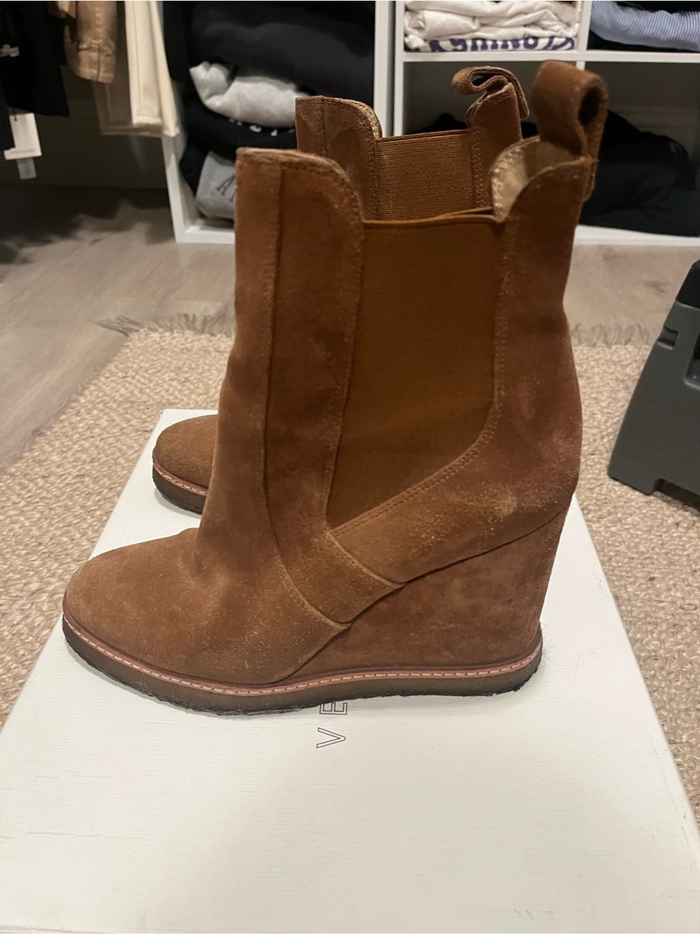 Veronica Beard Aari suede Wedge Boots walnut brown with box